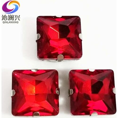 Red top quality Glass Crystal sew on stones,square shape claw rhinestone with holes,Diy/Clothing accessorie SWZ407