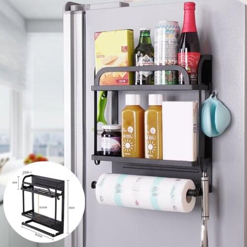 Kitchen Magnetic Double-layer Refrigerator Rack Paper Towel Holder Wrought Iron Debris Storage Rack Home Organizer Basket