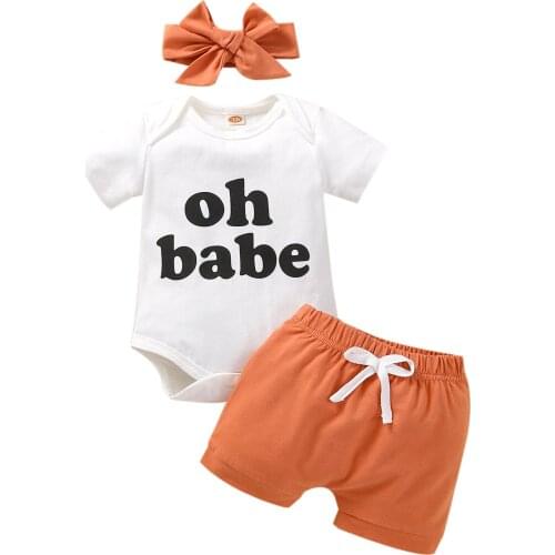 OPPERIAYA Summer Baby Girls Clothes Casual Set Letter Print Short Sleeve O-neck Bodysuit Solid Color Shorts Bow-knot Headband
