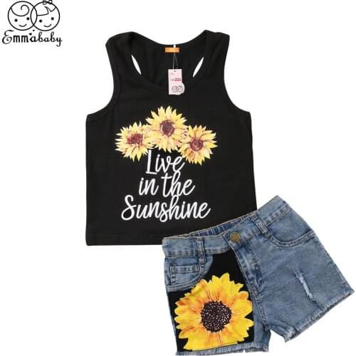 Fashion Baby Girls Casual Outfit Toddler Kid Sleeveless Sunflower Top Baby Vest Denim Shorts Jeans Summer Kids Wear Baby Clothes