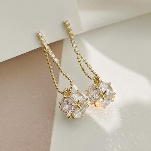 Trendy Stylish Long Chain Tassel Earrings For Women Korean Style Zirconia Rubiks Cube Pendant Drop Earring Jewelry