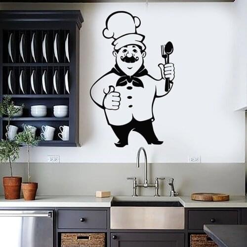Cartoon Chef Wall Decal Cooking Food Hat Cutlery Kitchen Restaurant Interior Decor Refrigerator Vinyl Stickers Wallpaper Q727