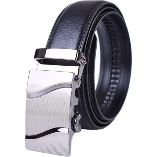 2PCS Mens Simple Automatic Buckle Black Genuine Leather Belt #24260