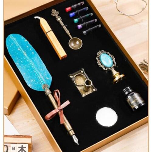 Retro Quill Pen Set with 5 Ink Sacs/Wax Seal Stick/Candle/Seal Stamp/Copper Spoon/Pen Base Holder/Ink Bottle Great Gifts