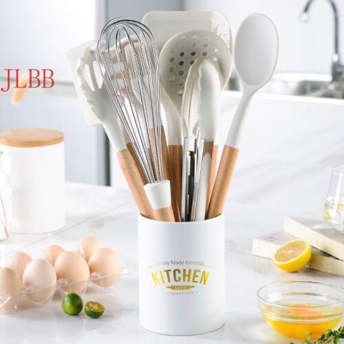 11PCS Silicone Cooking Utensils Set Non-Stick Spatula Soup Spoon Eggbeater Food Clip Wooden Handle with Storage Box Kitchen Tool