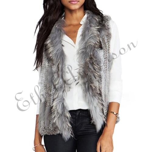 ETHEL ANDERSON Newest Real Knitted Rabbit Fur Vest Raccoon Collar Vogue Gilet Waistcoat Casual Chic Gift Short Jacket Coat