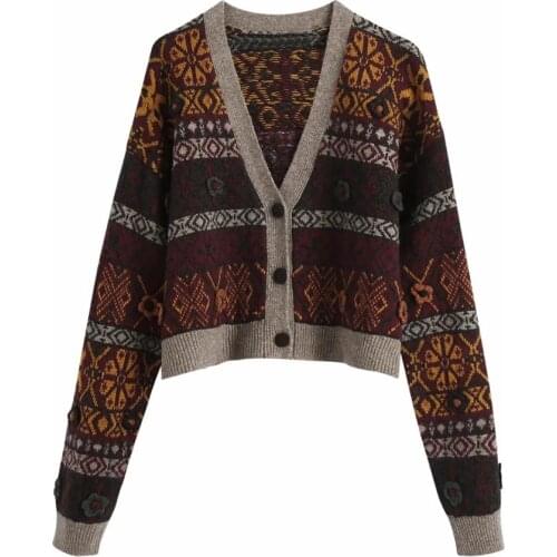 ZA New Autumn Winter Knitted Female Decorati Loose Knit Sweater Coat Retro Flower Embroidery V Neck knitted cardigan Women Jacke