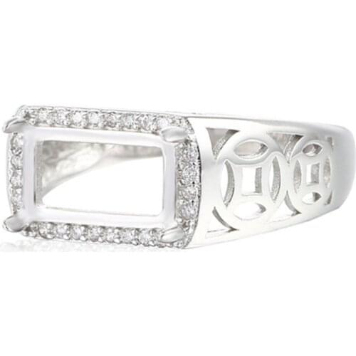 Ring Setting for 6x11mm Rectangle Cabochons Ring Blank White Gold Plated 925 Silver Zircon Adjustable Ring Base SR0152