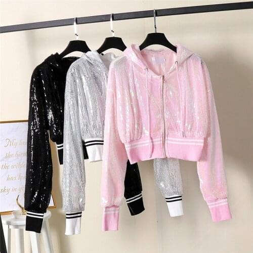 Fashion Spring Autumn Women Short Coats Thin Hooded Sequin Coat Female Casual All Match Long Sleeve Jacket Outwear Tops AB1583