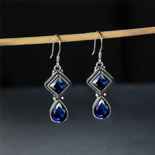 Luxury Female Blue Sapphire Drop Earring 925 Sterling Silver Wedding Earrings For Women Vintage Long Dangle Earrings