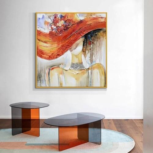 Modern 100% Hand Painted Abstract Woman With Hat Oil Painting Decorative Wall Art Pictures For Living Room Decor No Frame