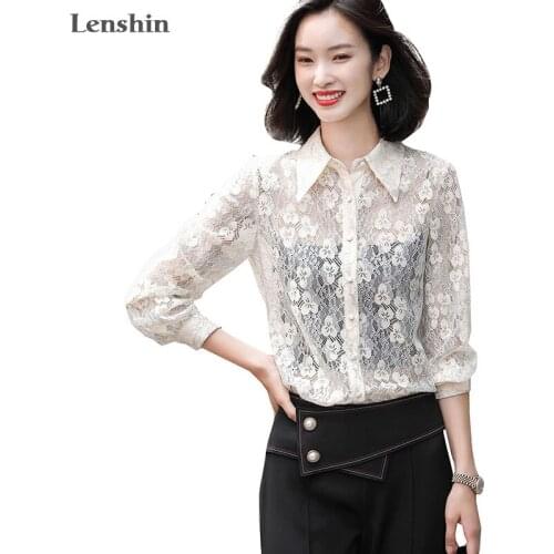 Lenshin Loose High-quality Lace Shirt Breathable Turn-down Collar Blouse Women Female Wear Casual Style Office Lady Sexy Tops