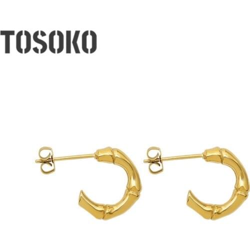 TOSOKO Stainless Steel Jewelry Special Shaped C-Type Ins Earrings Backbone Bamboo Earrings Womens Fashion Earrings BSF376