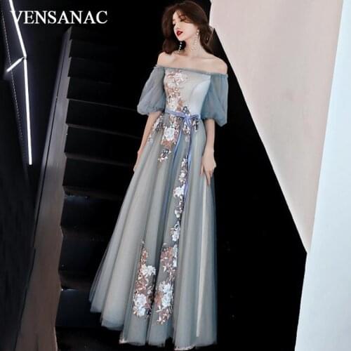 VENSANAC Boat Neck Lace Appliques A Line Long Evening Dresses Party Half Sleeve Backless Prom Gowns