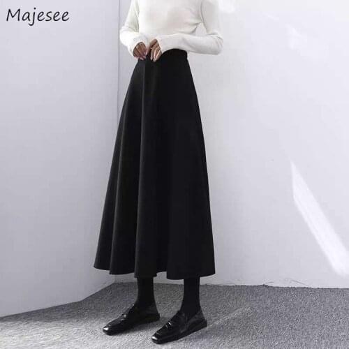 Skirts Women Solid Casual High Waist Vintage Fashion Simple Mujer Midi Elegant Chic A-line New Party Korean Style Loose Retro