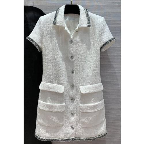Pearl New Small fragrance White tweed dress temperament Celebrity Slim Lapel Short Sleeve Dress AL19539