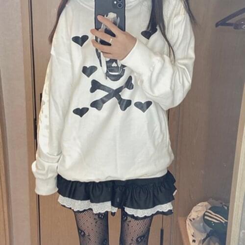 Womens sweatshirt Skull Love Print Pullovers Hoodie Loose Hip Hop Sweatshirt Punk Streetwear Harajuku gothic Kawaii y2k clothes