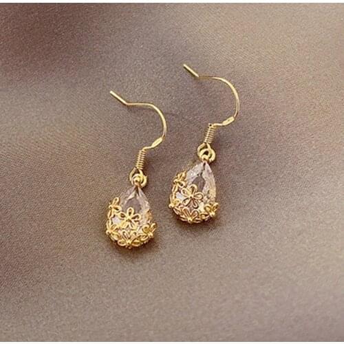 Women Hollow Flower Zircon Earrings Fashion Silver Needle French Crystal Water Drop Earrings Ladies Earrings