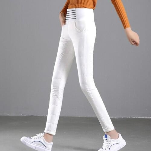 New Autumn Winter Fashion Warm White Duck Down Pants Women Elastic High Waist Trousers Female Casual Slim Thick Pencil Pant M529