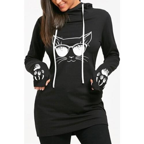 2021 Autumn Fashion Womens Cotton O-neck Long Sleeve Casual Style Sweatshirts Cartoon Cat Print Drawstring Tunic Hoodie