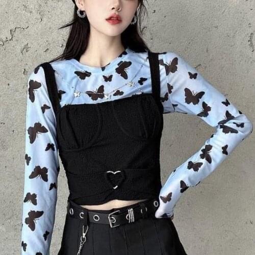 Two Piece Set Butterfly Crop Top Long Sleeve T Shirt and Camisole Suits Women Mesh Tops Slim Sexy Short Shirt Streetwear T-shirt