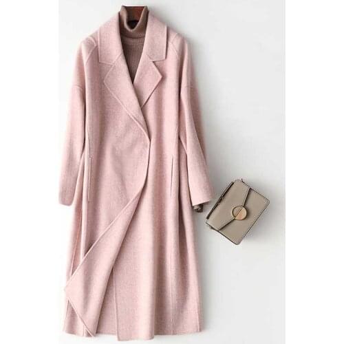 2019 Women Cashmere Long Coat Elegant Turn Down Collar Pink Woolen Coat Covered Button Design Winter Warm Coat Casaco Feminino