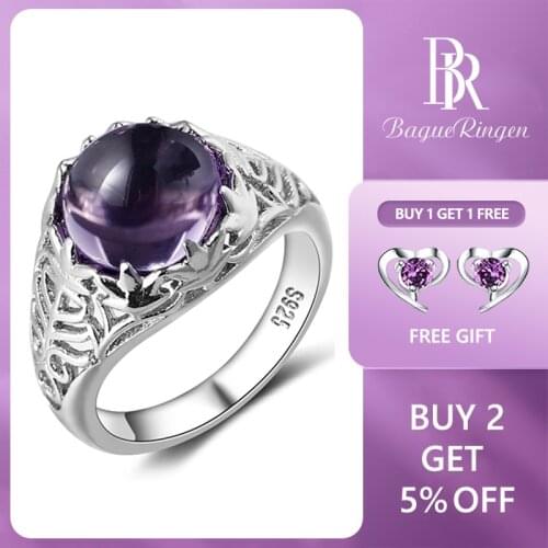 Bague Ringen Vintage 925 Silver Rings For Women Elegant Round Amethyst Wedding Engagement Charms Female Fine Jewelry Size 6-10