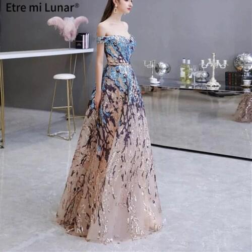 Gold Blue Sequins Off Shoulder Evening Dresses 2020 Sleeveless A-Line Sparkle Formal Dress LE4036