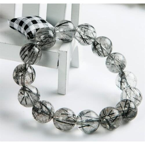 15mm Genuine Brazil Natural Black Rutilated Quartz Bracelet Stretch Crystal Clear Round Bead Power Bracelet Drop Shipping