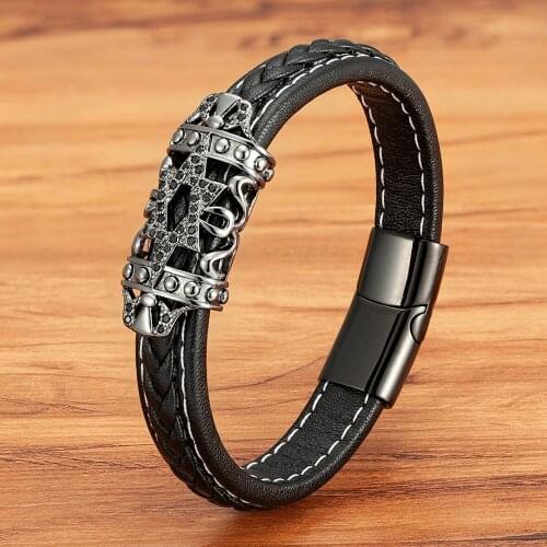 High Quality Stainless Steel Charm Bracelet Black Leather Braided Bracelet Cubic Zirconia Bead For Men Hand Jewelry Accessories