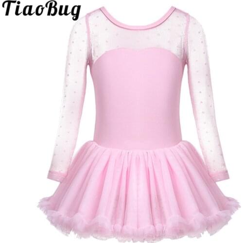 TiaoBug Children Girls Dance Tutu Dress Stage Dance Costume Kids Cotton Polka Dots Mesh Long Sleeve Gymnastics Ballet Leotard