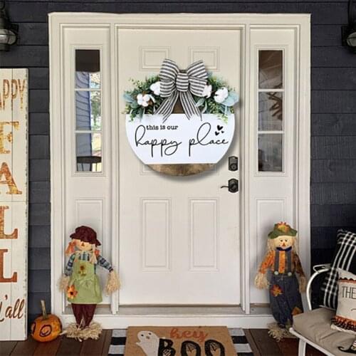Door Welcome Wreath Hanging Ornament Round Wooden Pendant Welcome Door Decor Sign Artificial Flower Garland Home DIY Decoration