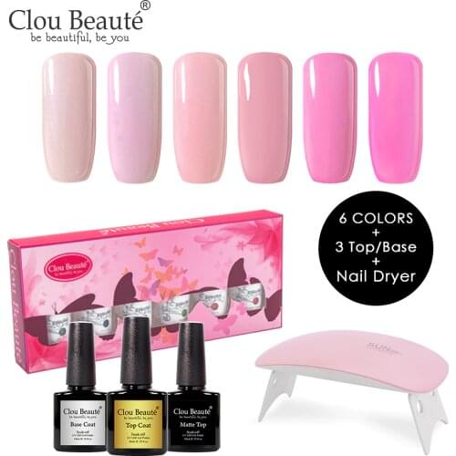 Clou Beaute 8ml Gel Nail Polish Base And Top Coat Matte Top Semi-Permanent UV Varnish Soak Off Pink White 6pcs Gel Lacquer Set