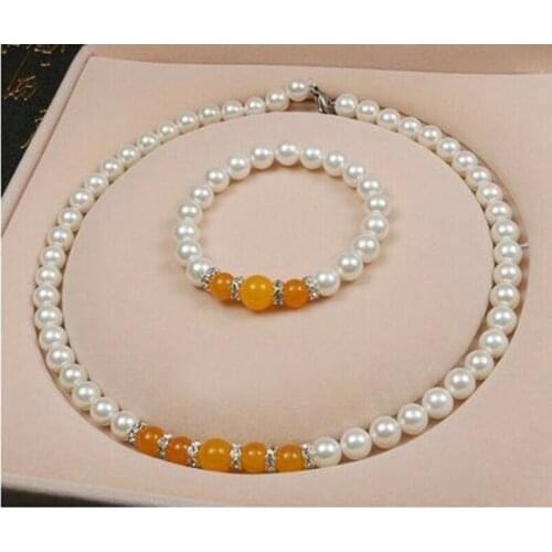 Pretty 8mm Yellow jade White pearl necklace Bracelet Set