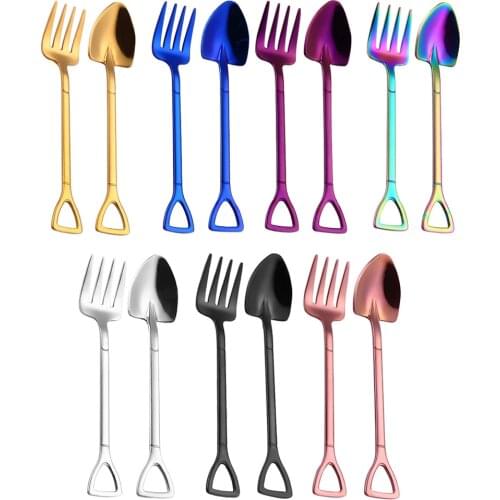 Creative Stainless Steel Shovel Shaped Spoon Fork Colorful Rose Gold Tableware Long Handle Coffee Spoon Teaspoon Stirring Spoon