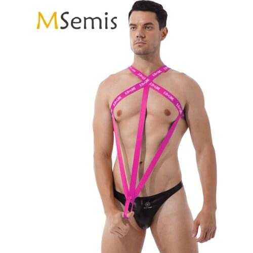 Mens Lingerie Fashion Letter Print Sexy Bodysuit Hollow Out Elastic One-piece Leotard Nightclub Gay Male Sexy Costume