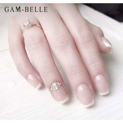 GAM-BELLE 24Pcs Fake Nails With Glue French White Tips Luxury Rhinestones Designs Artificial Press On Nails Manicure Decoration