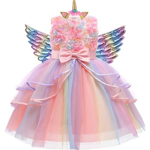 New Collection Childrens Clothing Girls Birthday Party Dress Lace Unicorn Print Patchwork Embroidered Mesh Princess Dress