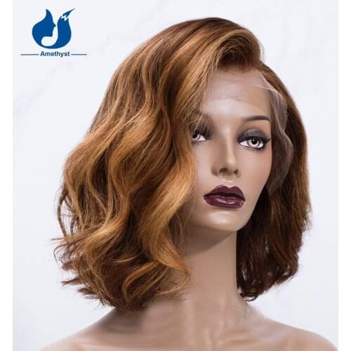 Amethyst Blonde Highlight Short Wave Bob Wigs With Bang Brazilian Remy 13x4 Lace Front Human Hair Wigs Blonde Bob Cut Brown
