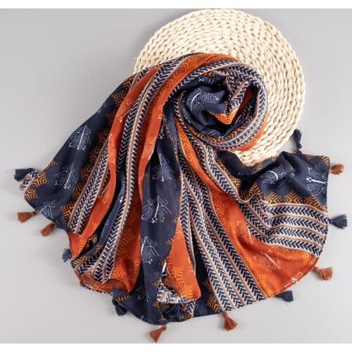 Trendy Printed scarve Navy Orange soft plain shawl soft foulard tassel women Viscose scarf winter wrap shawls