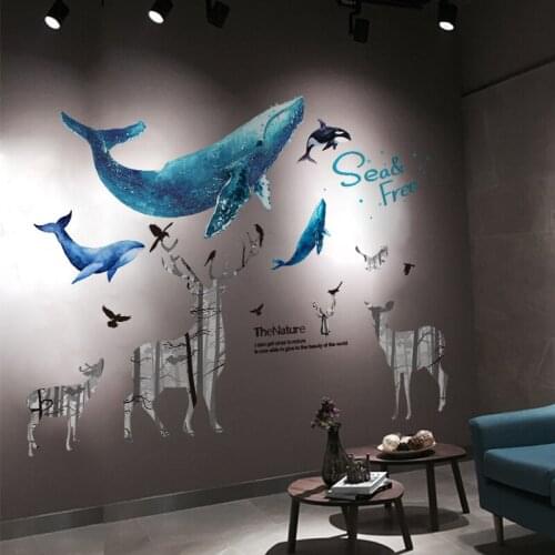 [SHIJUEHEZI] Cartoon Whales Wall Stickers DIY Deer Animal Mural Decals for House Kids Rooms Baby Bedroom Wardrobe Decoration