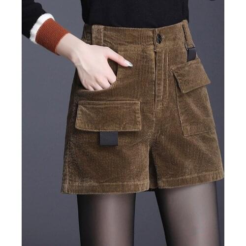 Korean Winter Autumn Female Fashion High Wiasted Blue Grey Black Corduroy Shorts , Women Wide Leg 4xl Casual Pockets Shorts