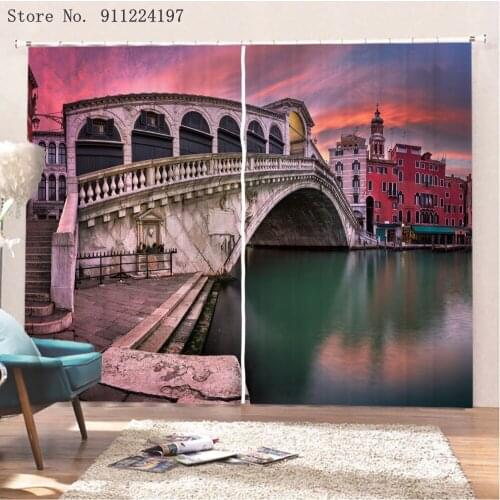 NYC Curtains Sunset At Brooklyn Bridge River Famous Touristic Attractions Large Modern Living Room Bedroom Window Drapes Dark