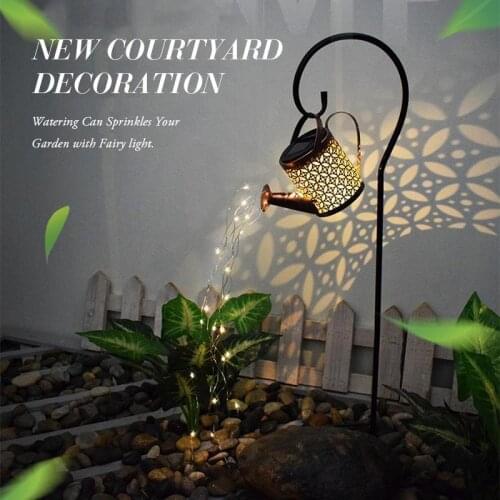 LED Solar Shower Watering Can String Lamp Garden Art Metal Iron Waterproof Art Water Sprinkle Kettle Light Landscape Decoration