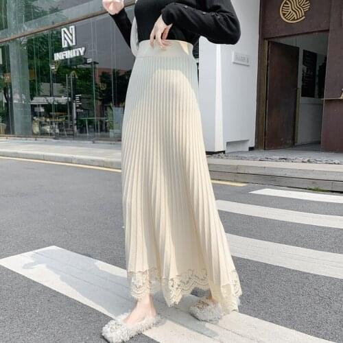 Knitted Lace Pleated Skirt In Autumn And Winter Wool Long Skirt High Waist A-shaped Skirt Jupe Longue Femme Faldas Largas Mujer