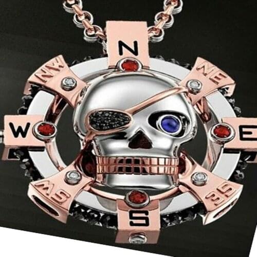 Boho Vintage Silver Color Skull Compass Pendant Necklace Captain Skeleton Cross Chain Necklaces for Women Men Hip Hop Jewelry