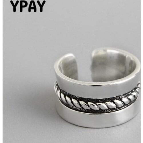 YPAY Genuine 925 Sterling Silver Open Rings for Women Men Korean Vintage Do the Old Twisted Wide Ring Fine Party Jewelry YMR879