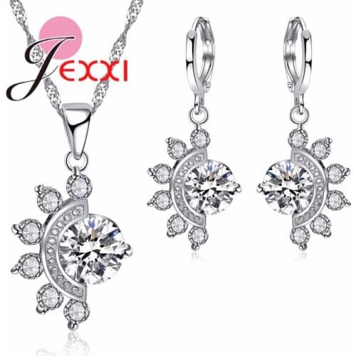 925 Sterling Silver Jewelry Sets for Women Necklace Pendant Earring New Arrival Carat Cubic Zirconia Half Flower Design