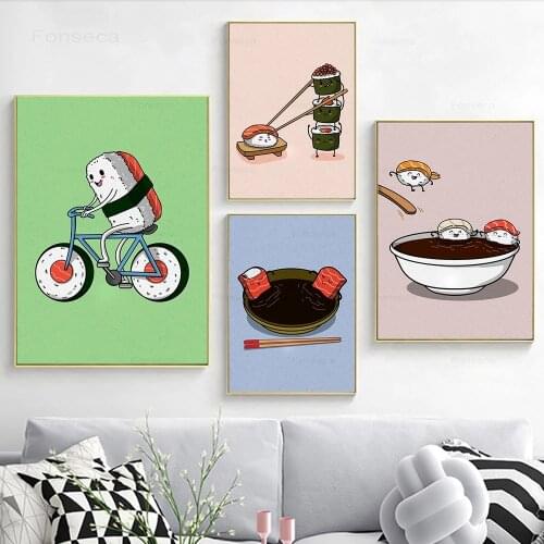 Funny Cartoon Sushi Poster and Print Japanese Foods Sushi on Bicycle Canvas Painting Kitchen Restaurant Wall Art Pictures Decor