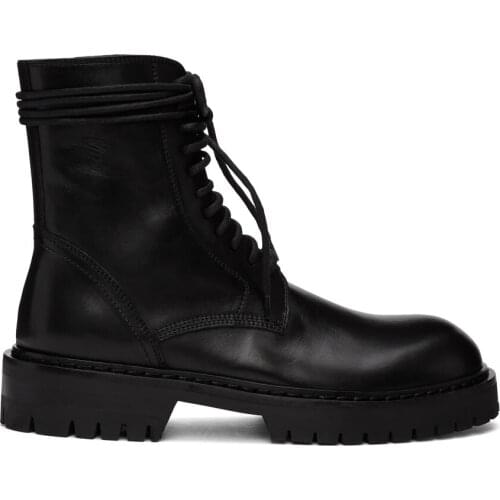 Women Shoes Black Calfskin Boots Ankle-high Buffed Calfskin Boots Round Toe Lace-up Side Zip